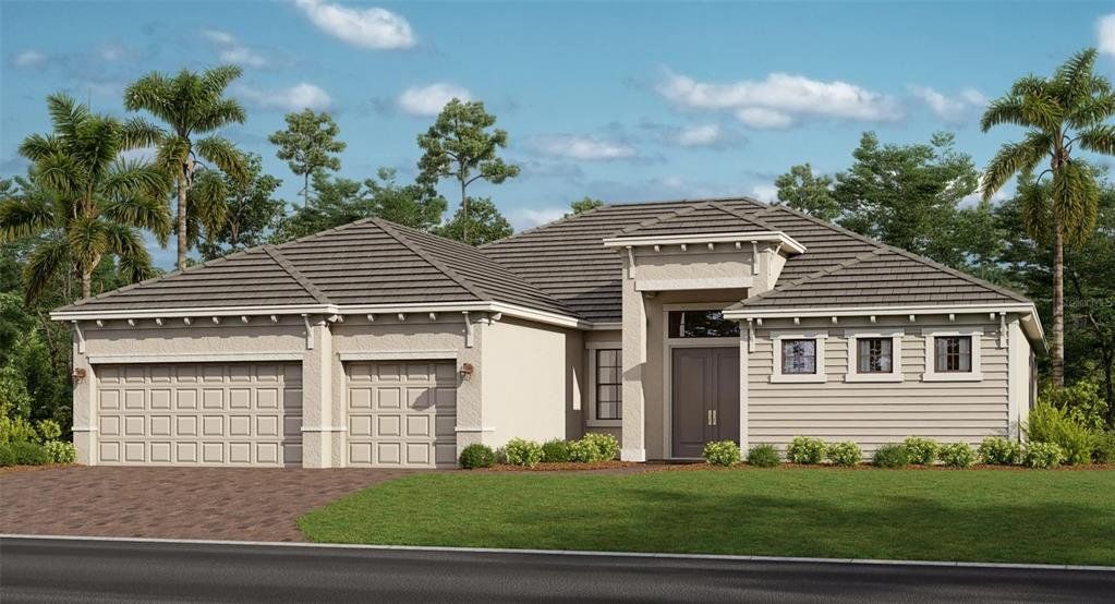 Front exterior of a new home in Wellen Park Golf & Country Club, Venice, FL, highlighting curb appeal (Image 1). Front exterior of a new home in Wellen Park Golf & Country Club, Venice, FL, highlighting curb appeal (Image 1).