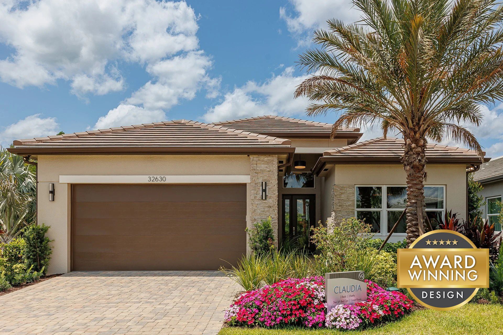 Front exterior of a new home in Valencia Ridge (55+), Wesley Chapel, FL, highlighting curb appeal (Image 1). Front exterior of a new home in Valencia Ridge (55+), Wesley Chapel, FL, highlighting curb appeal (Image 1).