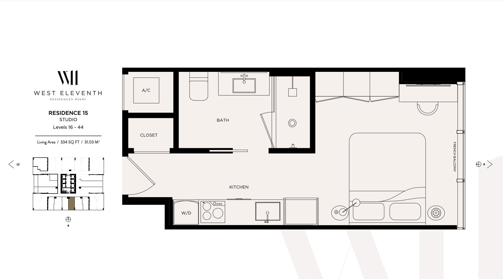 2D floor plan layout for the Residence 15 by Property Markets Group in West Eleventh Residences, Miami, FL (Image 1).
