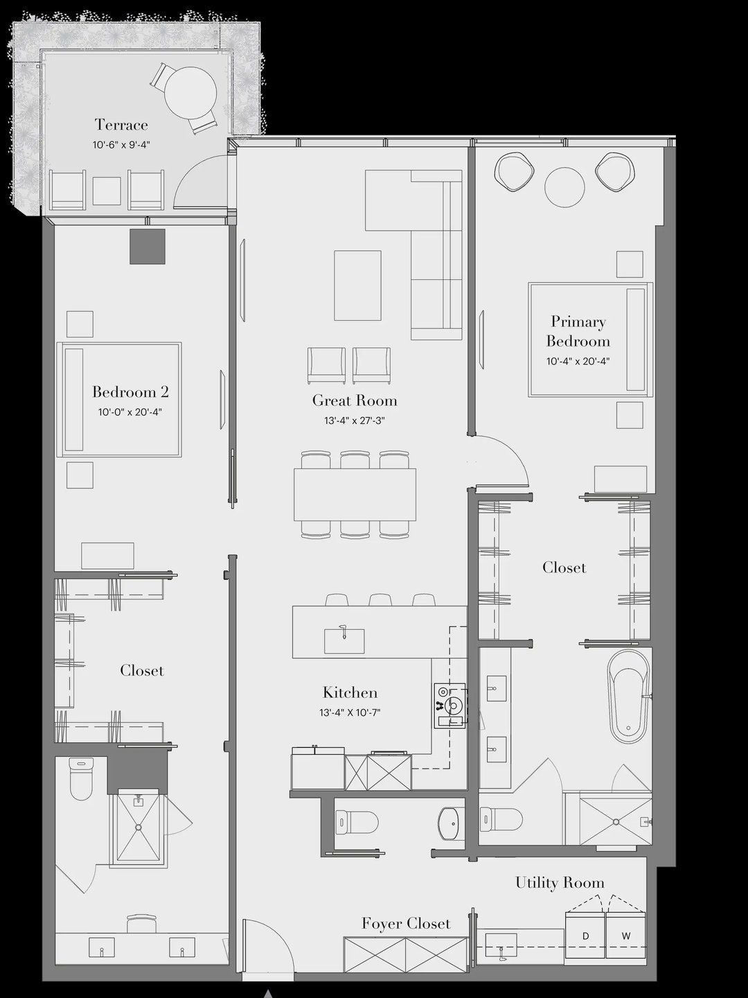 2D floor plan layout for the 2B-01W by Optima Homes in Optima McDowell Mountain, Scottsdale, AZ (Image 1).