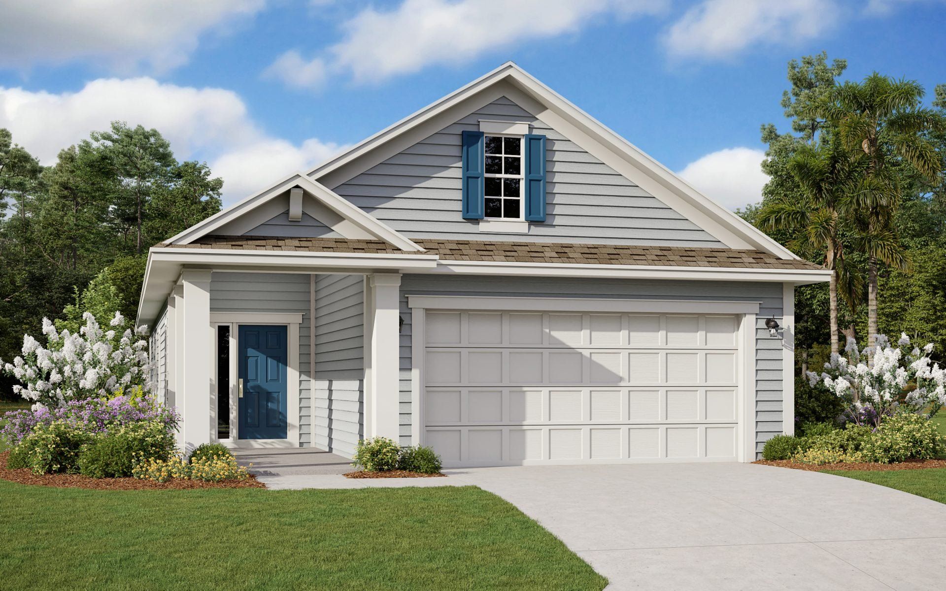 Front exterior of a new home in TrailMark, St. Augustine, FL, highlighting curb appeal (Image 1). Front exterior of a new home in TrailMark, St. Augustine, FL, highlighting curb appeal (Image 1).