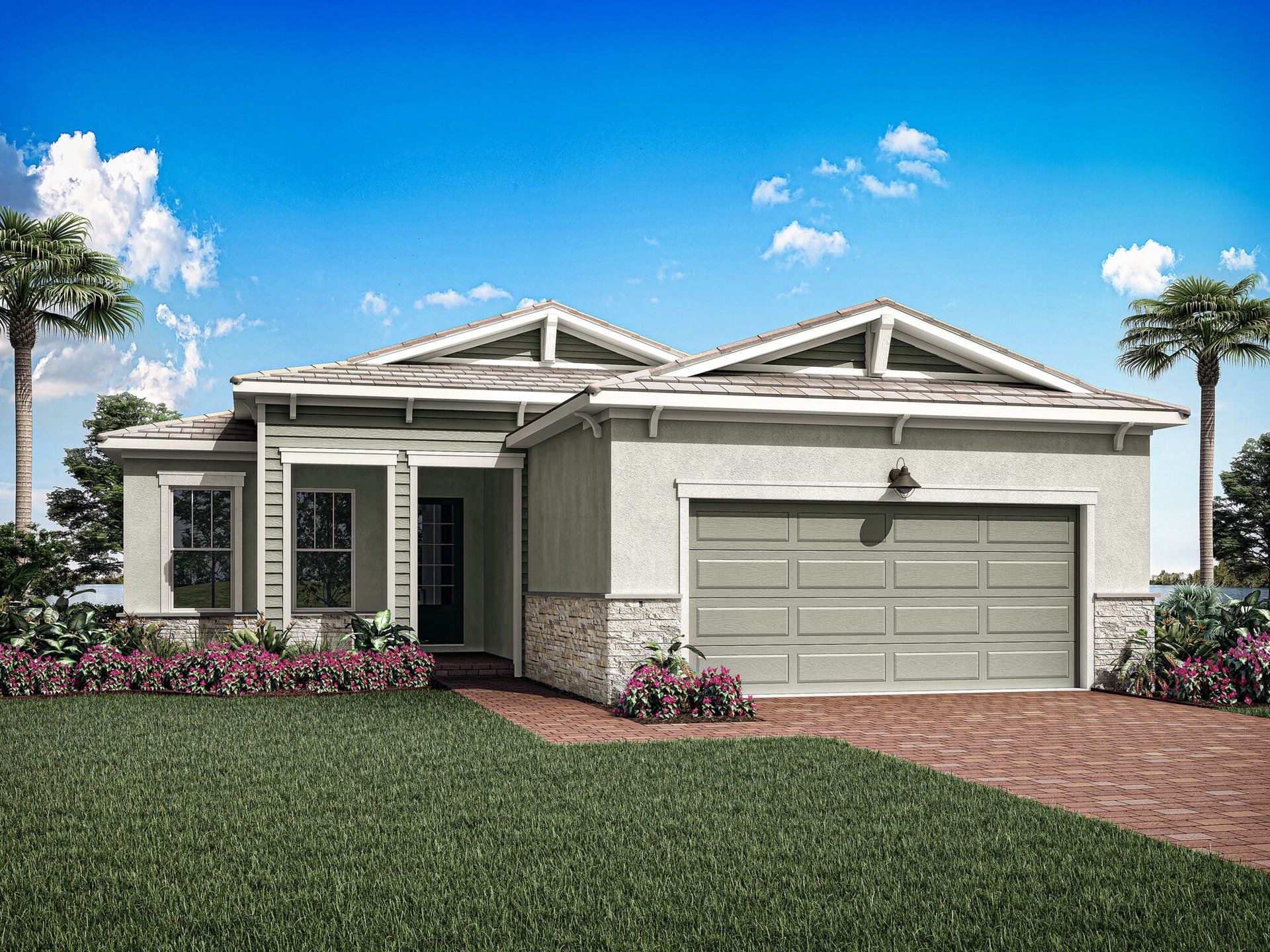 Front exterior of a new home in Tradition - Seville, Port St. Lucie, FL, highlighting curb appeal (Image 1).