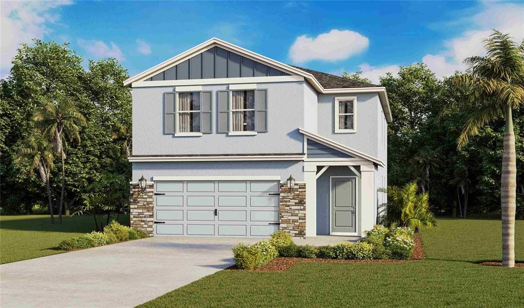 Front exterior of a new home in Archer at Two Rivers, Zephyrhills, FL, highlighting curb appeal (Image 1). Front exterior of a new home in Archer at Two Rivers, Zephyrhills, FL, highlighting curb appeal (Image 1).