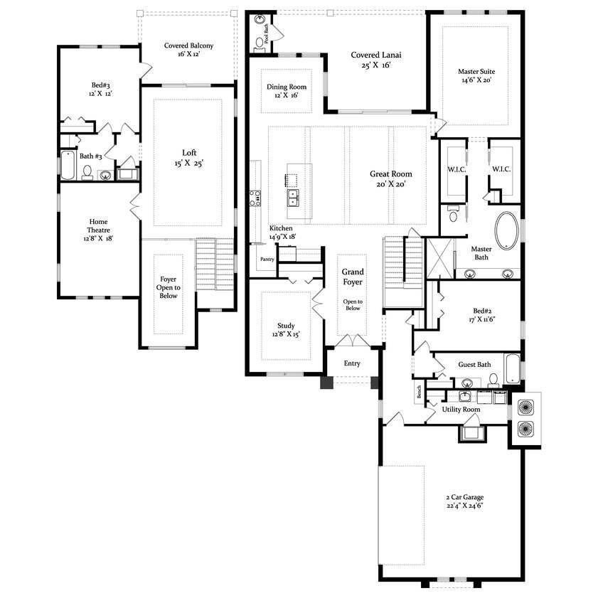 2D floor plan layout for the The Riverwalk Plan by Gold Coast Custom Homes in Palm Coast Plantation, Palm Coast, FL (Image 1). 2D floor plan layout for the The Riverwalk Plan by Gold Coast Custom Homes in Palm Coast Plantation, Palm Coast, FL (Image 1).
