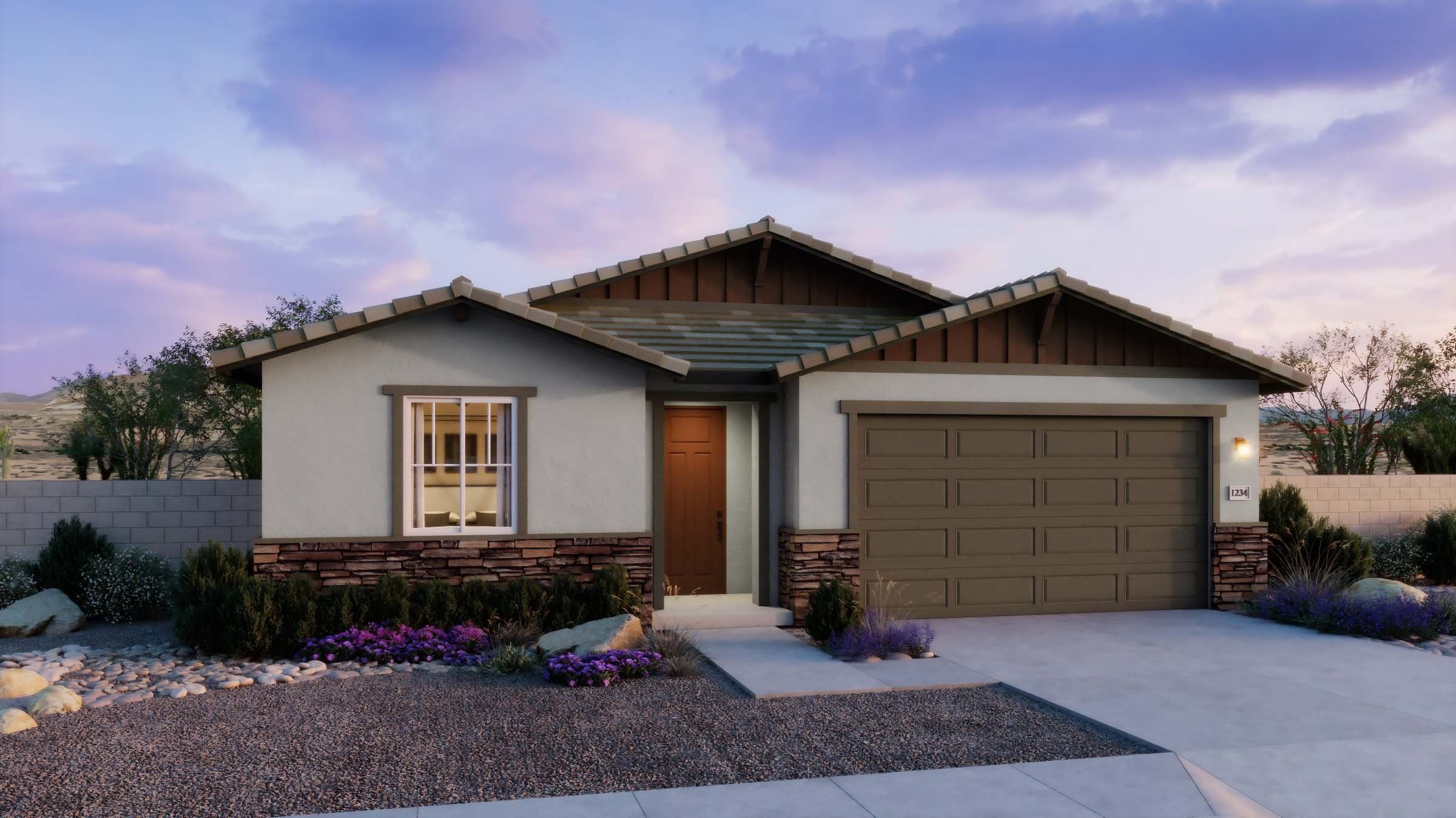 Front exterior of a new home in Bella Vista Farms, San Tan Valley, AZ, highlighting curb appeal (Image 1). Front exterior of a new home in Bella Vista Farms, San Tan Valley, AZ, highlighting curb appeal (Image 1).