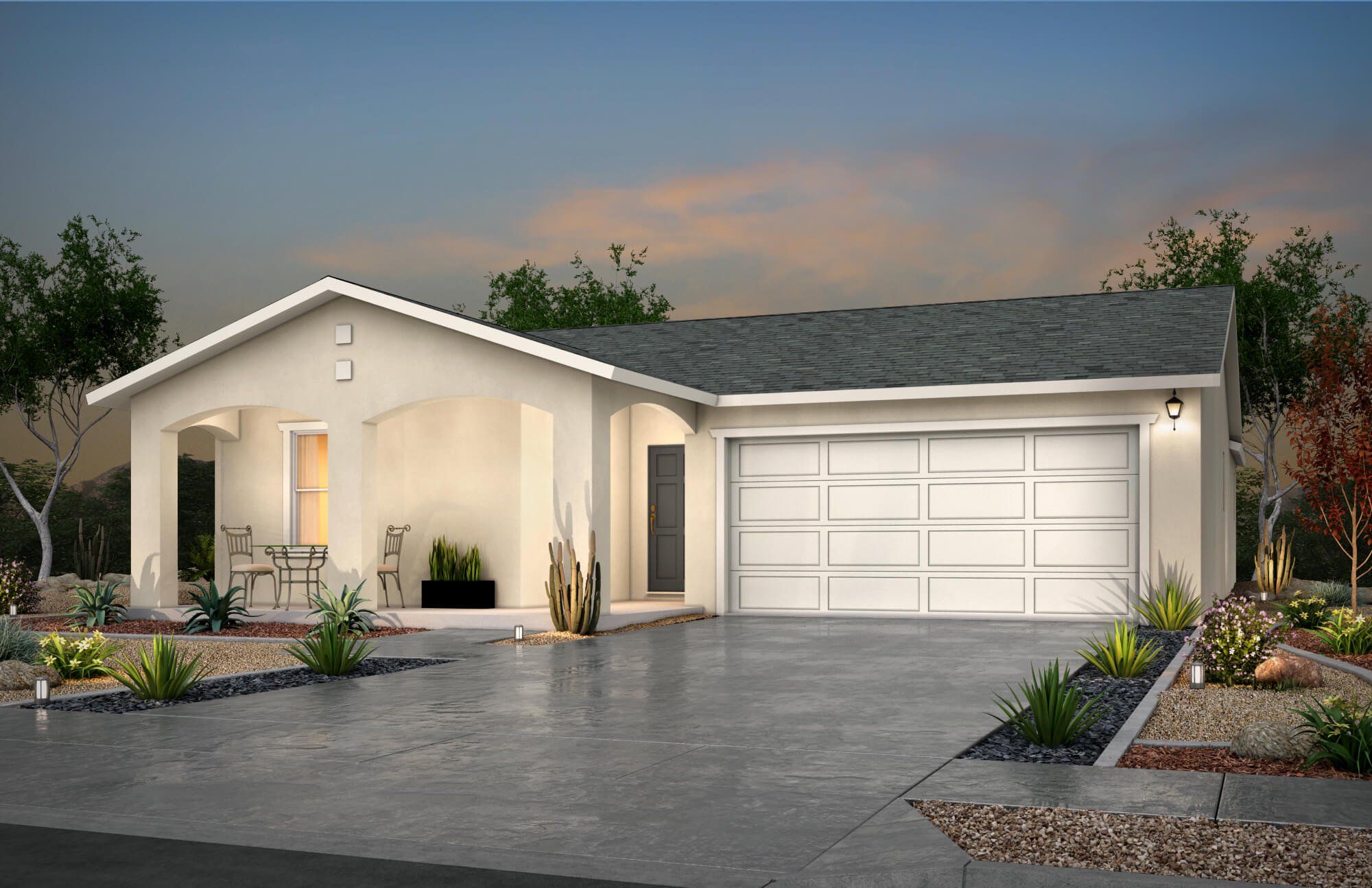 Front exterior of a new home in Rancho Desierto Bello, El Paso, TX, highlighting curb appeal (Image 1).