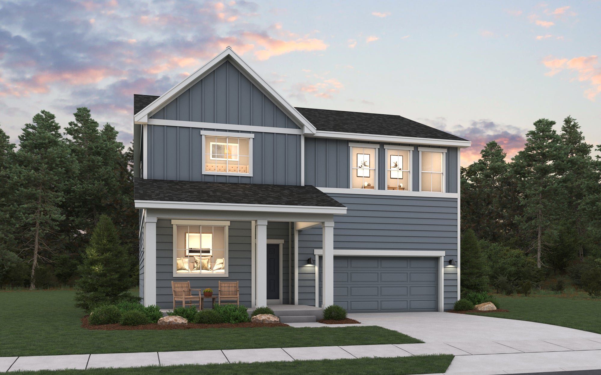 Front exterior of a new home in Muegge Farms, Bennett, CO, highlighting curb appeal (Image 1). Front exterior of a new home in Muegge Farms, Bennett, CO, highlighting curb appeal (Image 1).