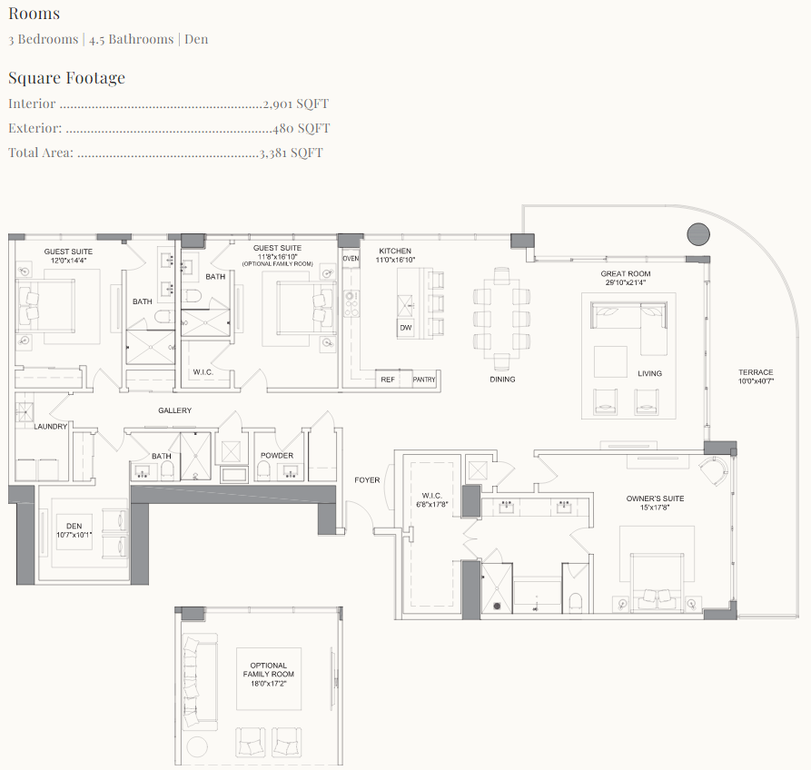 2D floor plan layout for the Sand Castle by Kolter Urban in Selene Oceanfront Residences, Fort Lauderdale, FL (Image 1).