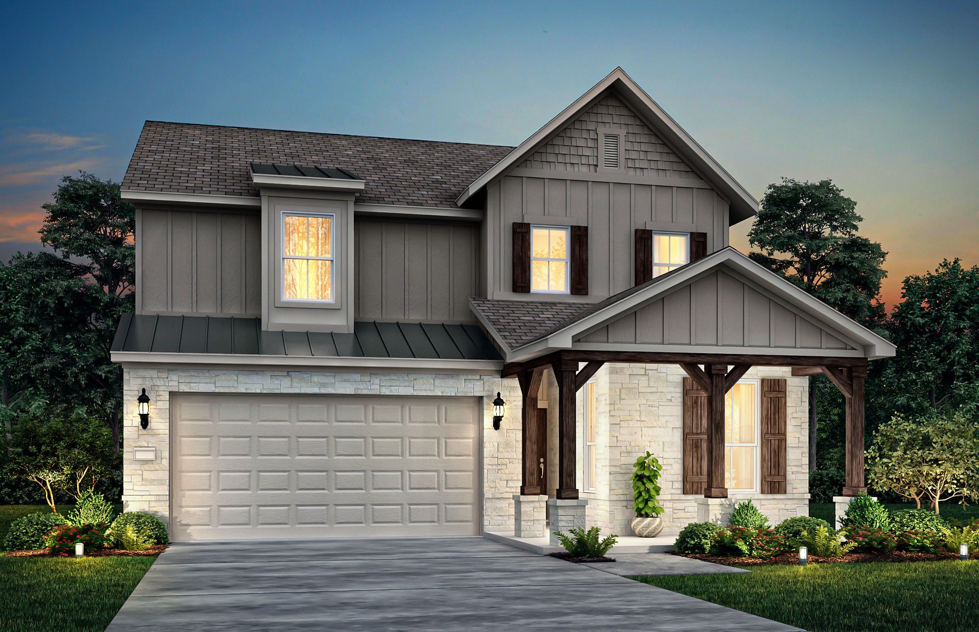 Front exterior of a new home in Sunfield, Buda, TX, highlighting curb appeal (Image 1). Front exterior of a new home in Sunfield, Buda, TX, highlighting curb appeal (Image 1).