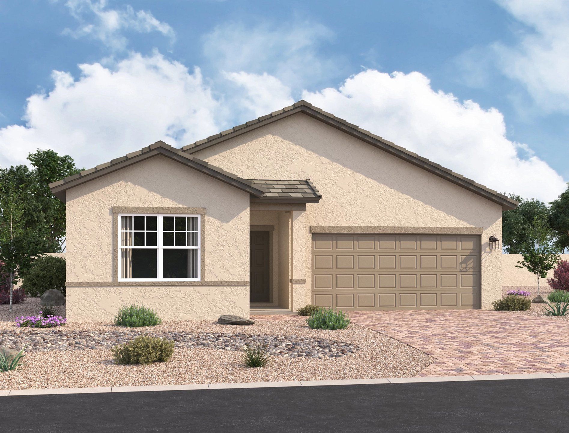 Front exterior of a new home in The Trails, Phoenix, AZ, highlighting curb appeal (Image 1). Front exterior of a new home in The Trails, Phoenix, AZ, highlighting curb appeal (Image 1).