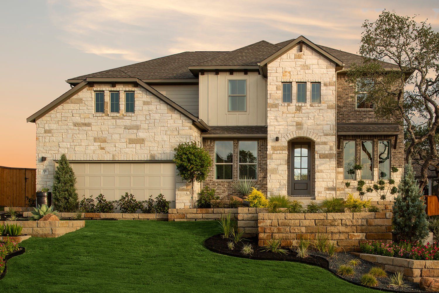 Front exterior of a new home in Parkside on the River, Georgetown, TX, highlighting curb appeal (Image 1). Front exterior of a new home in Parkside on the River, Georgetown, TX, highlighting curb appeal (Image 1).