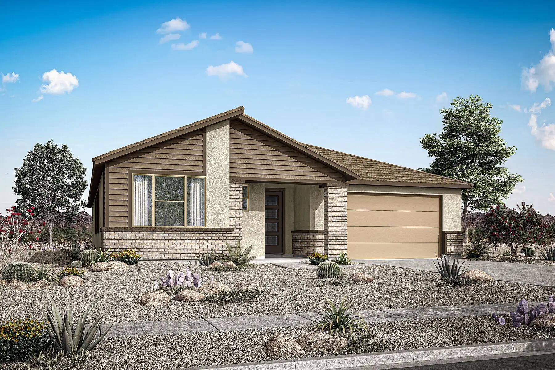 Front exterior of a new home in Miravida, Surprise, AZ, highlighting curb appeal (Image 1). Front exterior of a new home in Miravida, Surprise, AZ, highlighting curb appeal (Image 1).