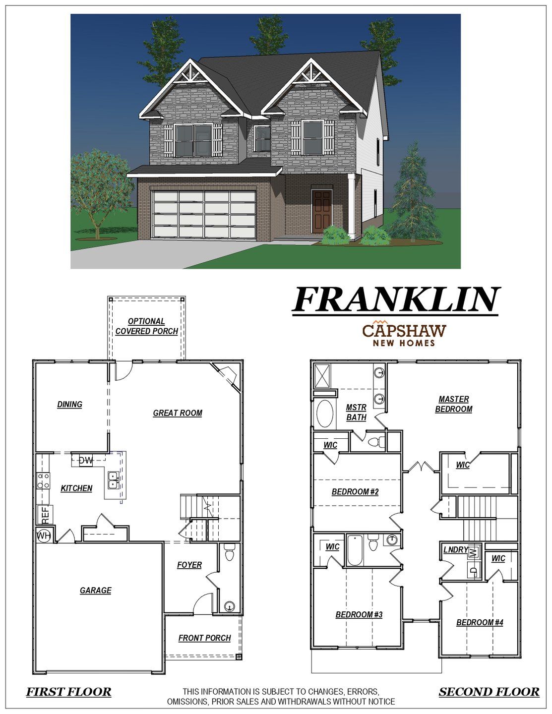 2D floor plan layout for the Franklin by Capshaw in Peeksville Landing, Locust Grove, GA (Image 1).