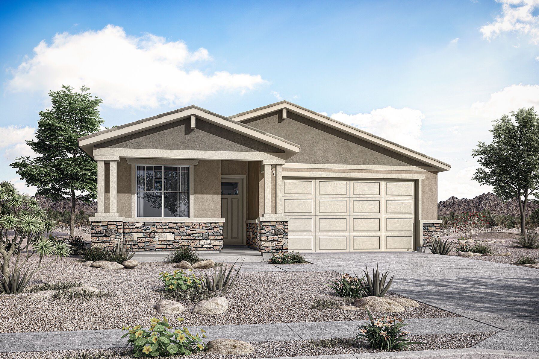Front exterior of a new home in Empire Pointe, Queen Creek, AZ, highlighting curb appeal (Image 1). Front exterior of a new home in Empire Pointe, Queen Creek, AZ, highlighting curb appeal (Image 1).