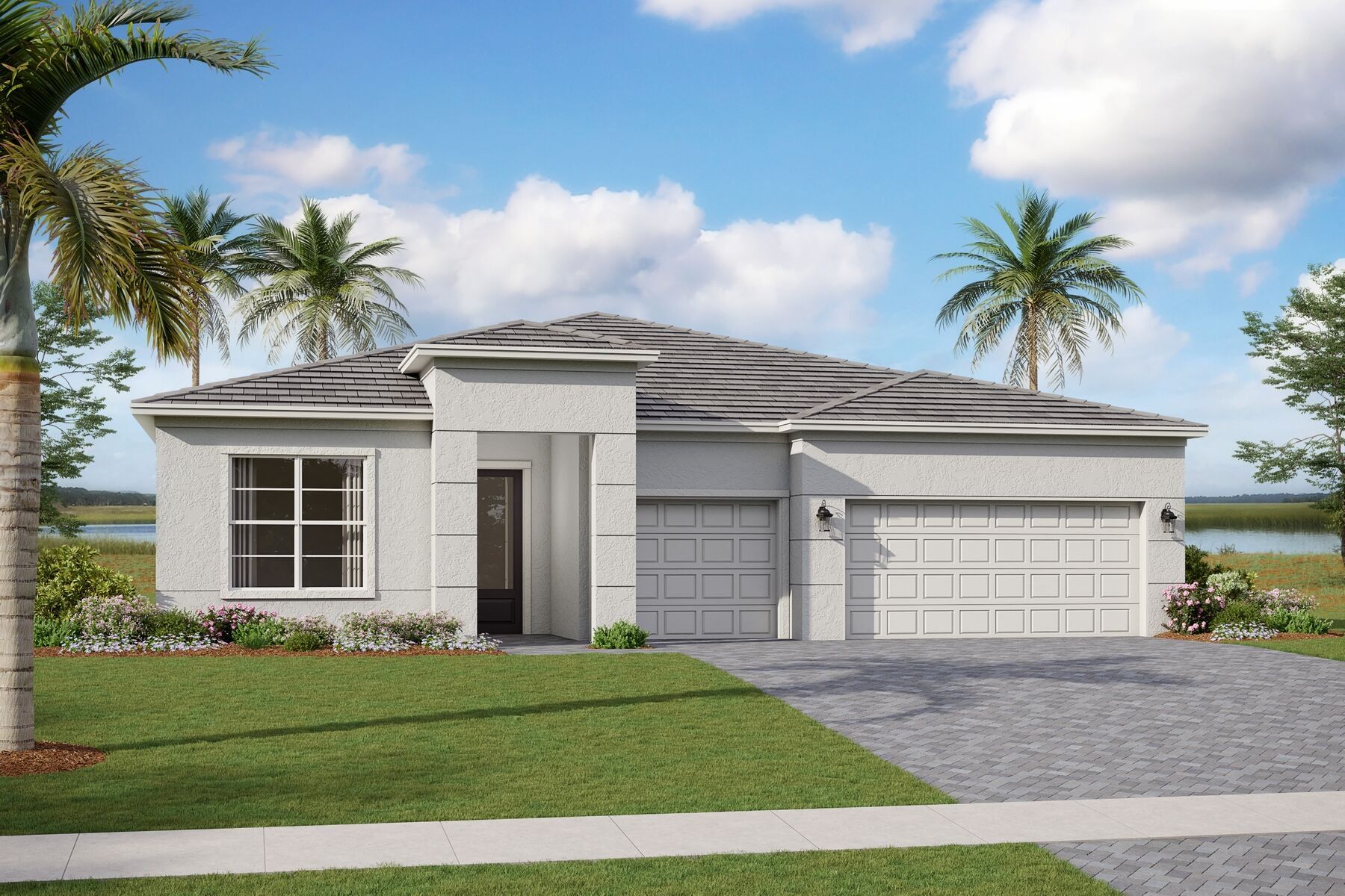 Front exterior of a new home in Tradition - Telaro, Port St. Lucie, FL, highlighting curb appeal (Image 1).