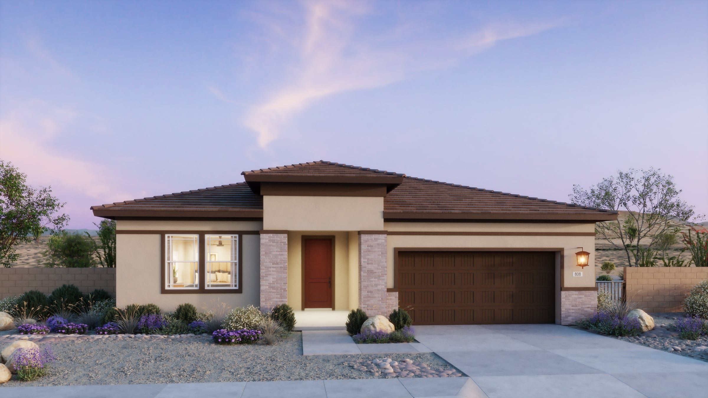 Front exterior of a new home in North Creek, Queen Creek, AZ, highlighting curb appeal (Image 1). Front exterior of a new home in North Creek, Queen Creek, AZ, highlighting curb appeal (Image 1).