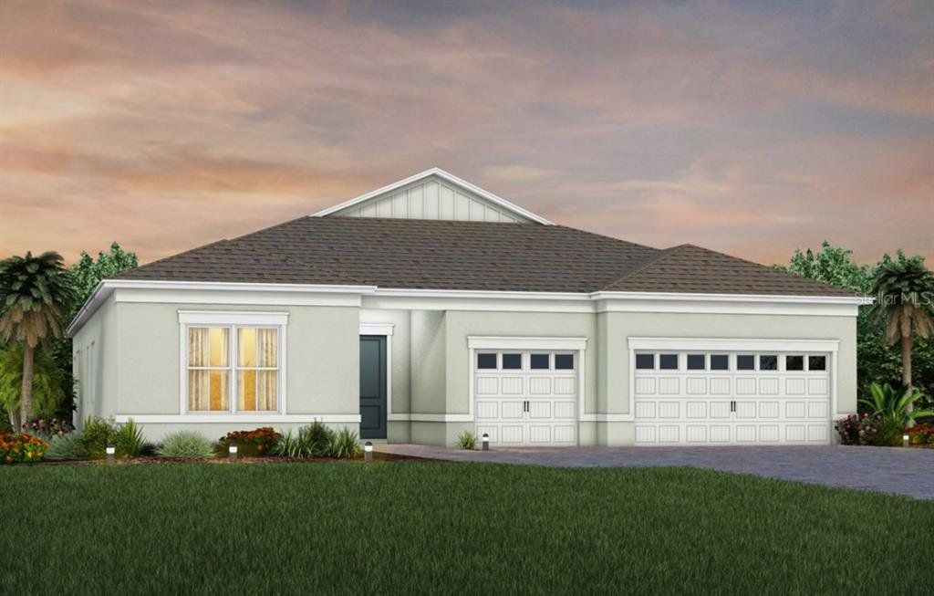 Front exterior of a new home in Del Webb Oasis, Winter Garden, FL, highlighting curb appeal (Image 1). Front exterior of a new home in Del Webb Oasis, Winter Garden, FL, highlighting curb appeal (Image 1).