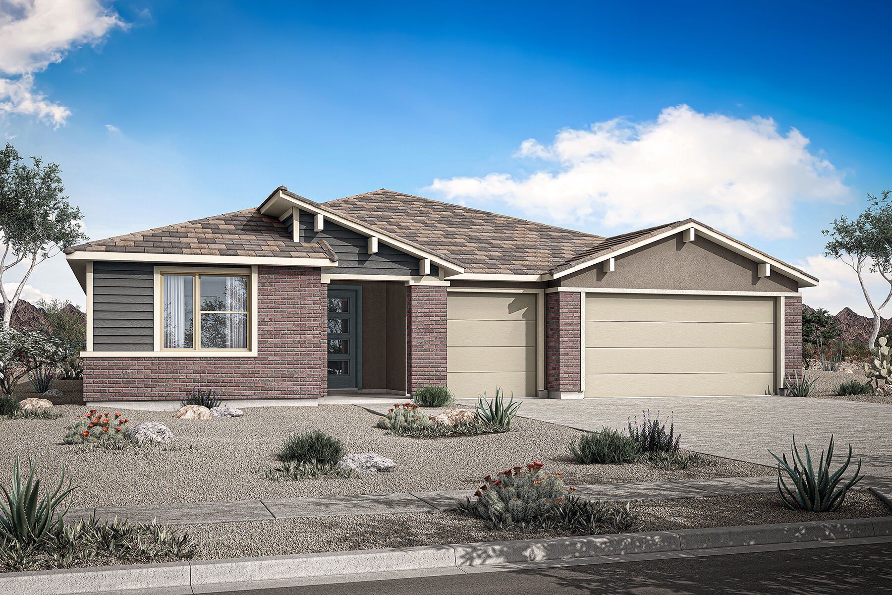 Front exterior of a new home in Las Ventanas, Goodyear, AZ, highlighting curb appeal (Image 1). Front exterior of a new home in Las Ventanas, Goodyear, AZ, highlighting curb appeal (Image 1).