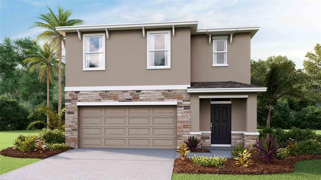 Front exterior of a new home in Deerbrook, Land O' Lakes, FL, highlighting curb appeal (Image 1). Front exterior of a new home in Deerbrook, Land O' Lakes, FL, highlighting curb appeal (Image 1).