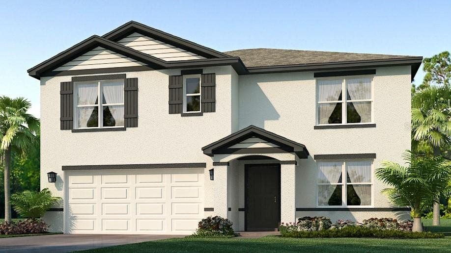 Front exterior of a new home in Bella Lago, Parrish, FL, highlighting curb appeal (Image 1). Front exterior of a new home in Bella Lago, Parrish, FL, highlighting curb appeal (Image 1).
