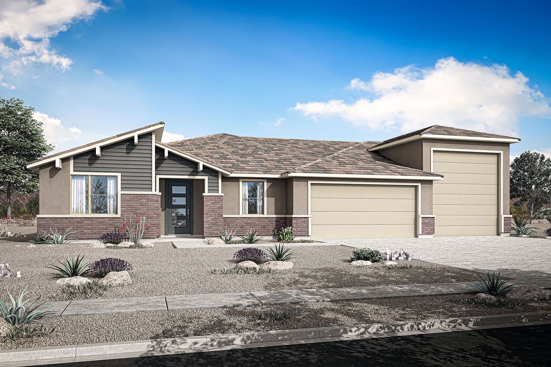 Front exterior of a new home in Las Ventanas - RV Collection, Goodyear, AZ, highlighting curb appeal (Image 1). Front exterior of a new home in Las Ventanas - RV Collection, Goodyear, AZ, highlighting curb appeal (Image 1).