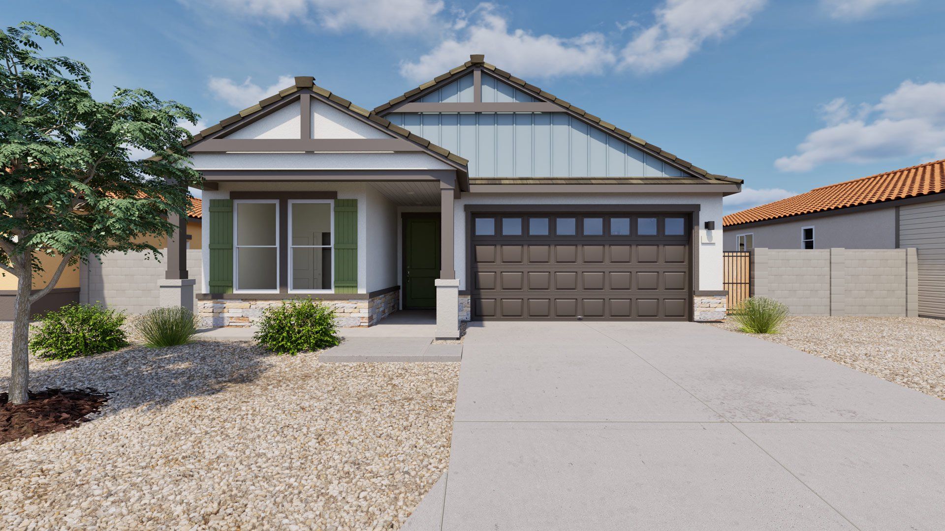 Representative exterior photo of a completed home built from the Sagebrush by Oakwood Homes Co in Moonlight, Maricopa, AZ (Image 1). Representative exterior photo of a completed home built from the Sagebrush by Oakwood Homes Co in Moonlight, Maricopa, AZ (Image 1).