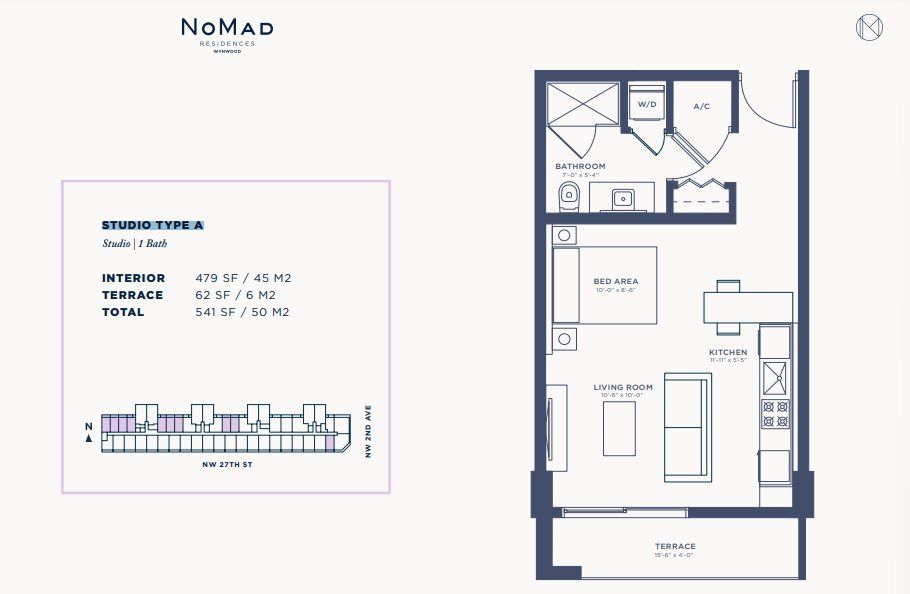 2D floor plan layout for the STUDIO TYPE A by Related Group in NoMad Residences, Miami, FL (Image 1).