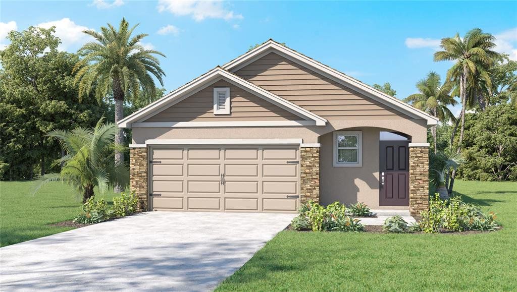 Front exterior of a new home in Farm at Varrea, Plant City, FL, highlighting curb appeal (Image 1). Front exterior of a new home in Farm at Varrea, Plant City, FL, highlighting curb appeal (Image 1).