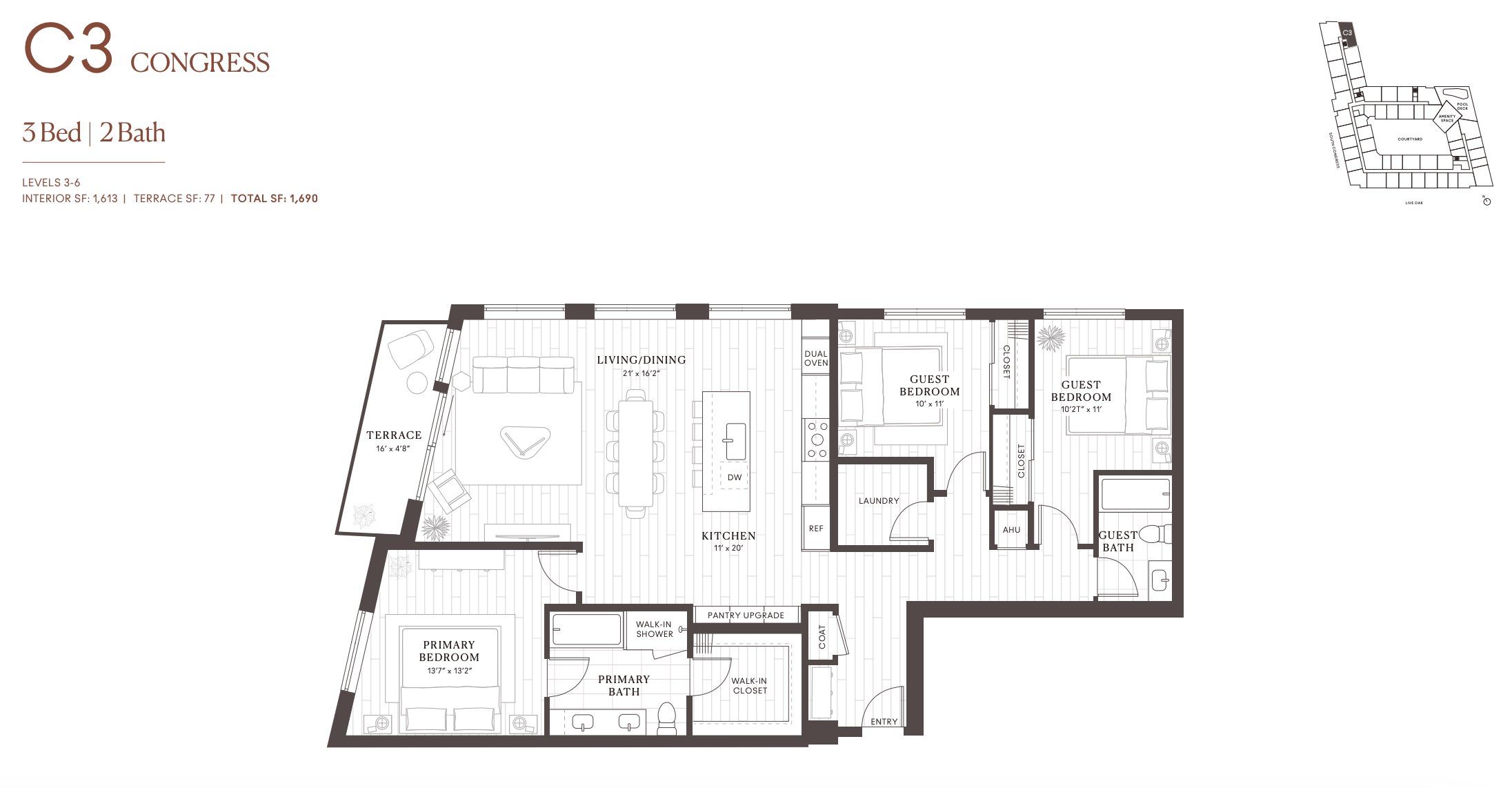 2D floor plan layout for the C3 Congress by Intracorp in Leland South Congress, Austin, TX (Image 1). 2D floor plan layout for the C3 Congress by Intracorp in Leland South Congress, Austin, TX (Image 1).