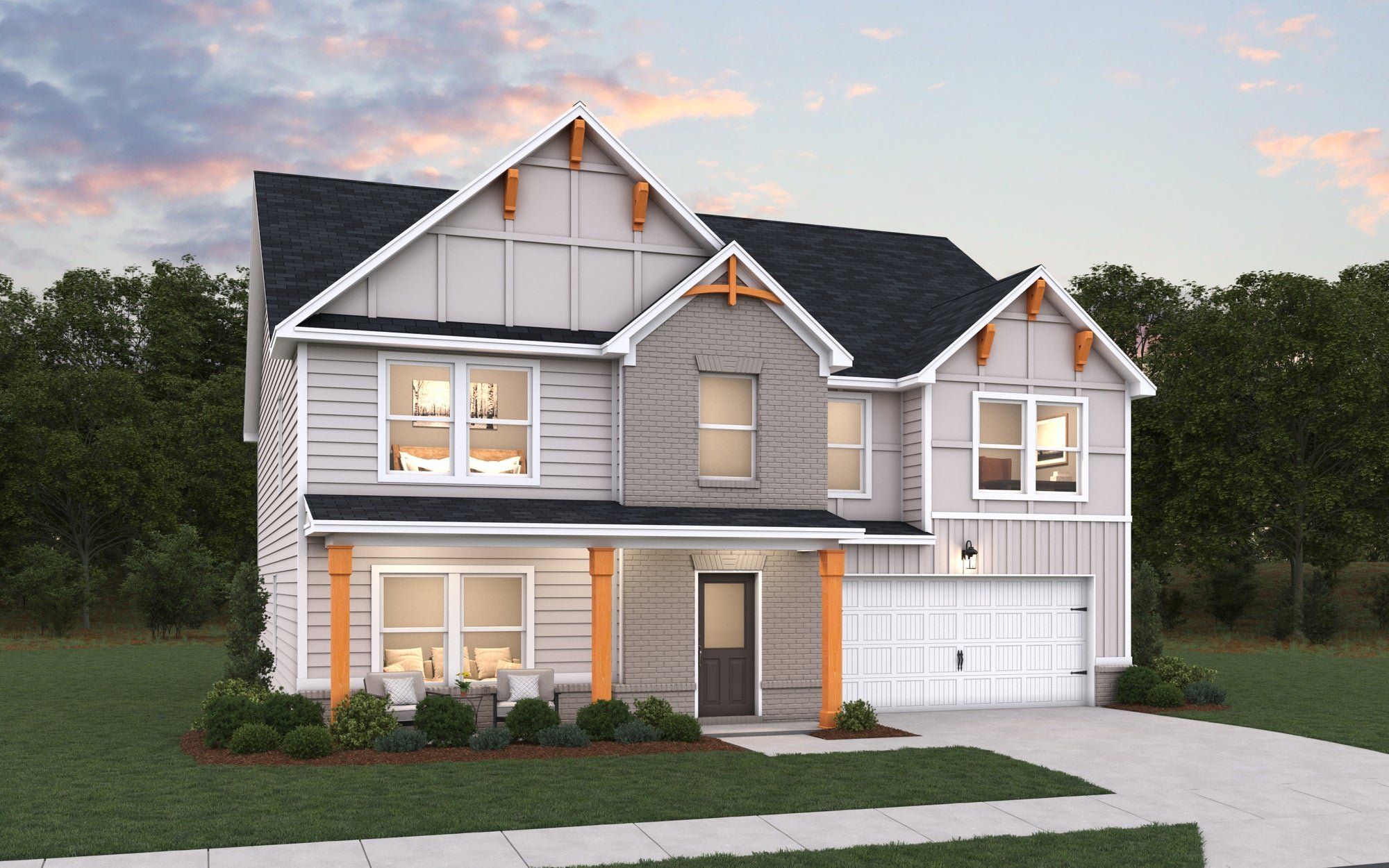 Front exterior of a new home in The Woodlands Preserve, Jackson, GA, highlighting curb appeal (Image 1). Front exterior of a new home in The Woodlands Preserve, Jackson, GA, highlighting curb appeal (Image 1).