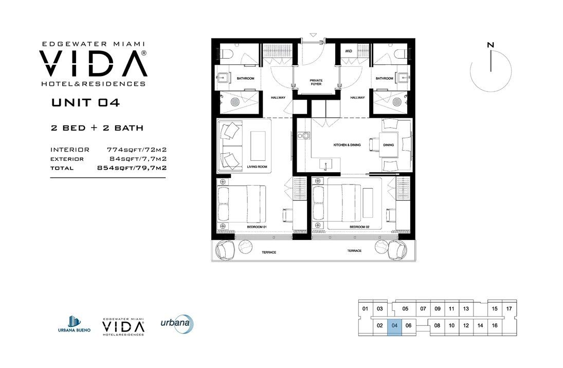 2D floor plan layout for the Unit 04 by Urbana Holdings in Vida Hotel & Residences, Miami, FL (Image 1).