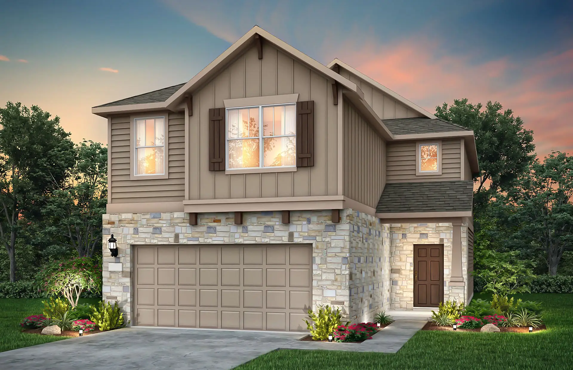 Front exterior of a new home in Cameron Place, Austin, TX, highlighting curb appeal (Image 1). Front exterior of a new home in Cameron Place, Austin, TX, highlighting curb appeal (Image 1).