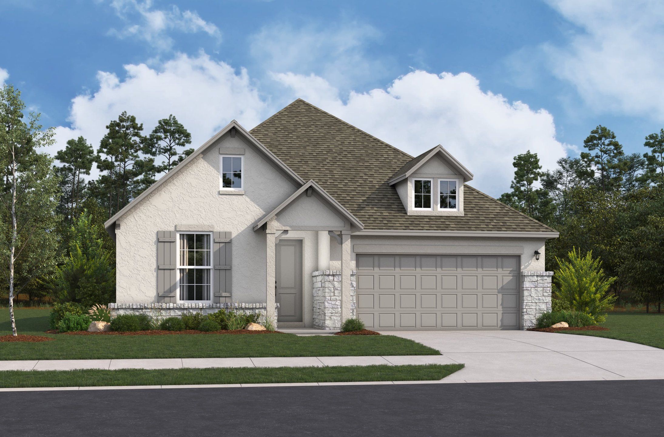 Front exterior of a new home in Flat Creek, Castroville, TX, highlighting curb appeal (Image 1). Front exterior of a new home in Flat Creek, Castroville, TX, highlighting curb appeal (Image 1).
