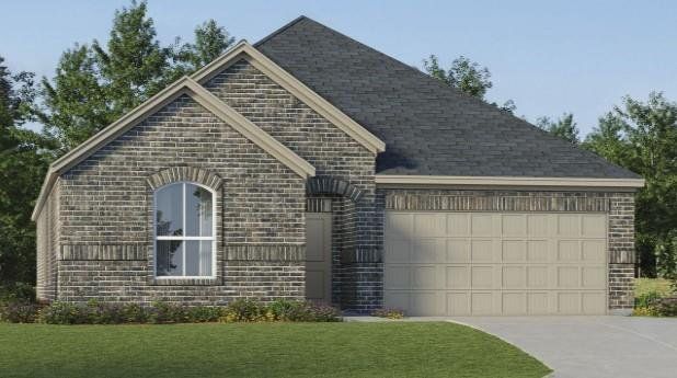 Brick exterior with a dark shingle roof, arched window, and a paneled garage door Brick exterior with a dark shingle roof, arched window, and a paneled garage door