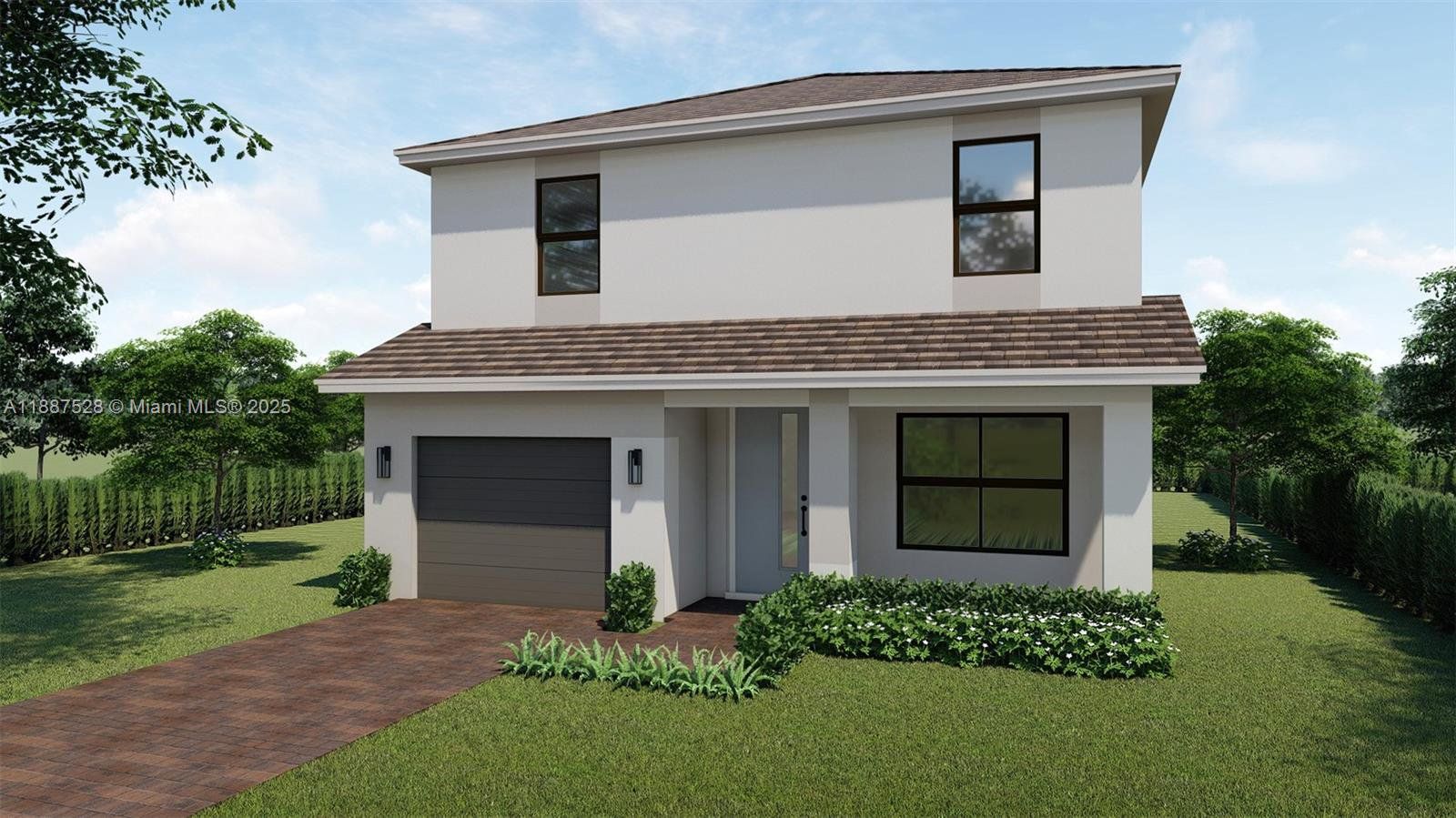 Front exterior of a new home in Parker Pointe, Homestead, FL, highlighting curb appeal (Image 1).