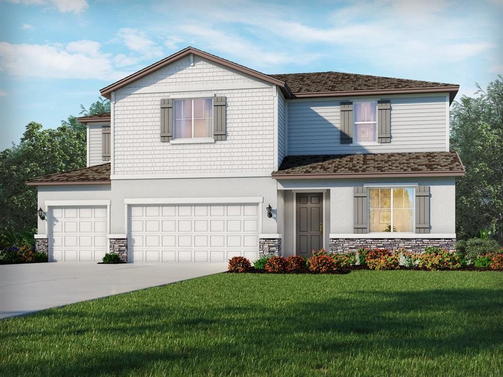 Front exterior of a new home in Oakfield Trails - Signature Series, Parrish, FL, highlighting curb appeal (Image 1).