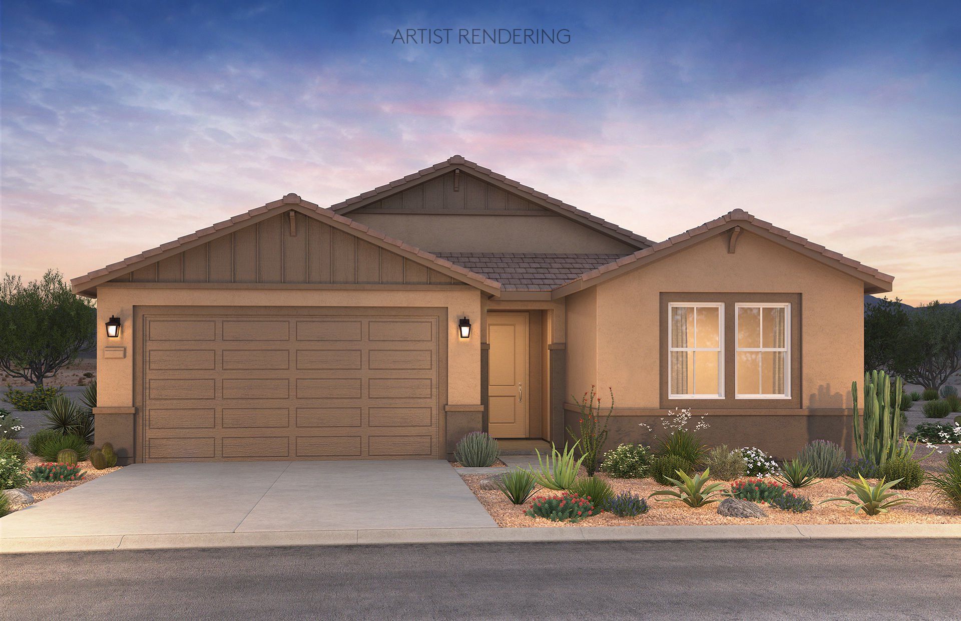 Front exterior of a new home in Artisan at Asante, Surprise, AZ, highlighting curb appeal (Image 1). Front exterior of a new home in Artisan at Asante, Surprise, AZ, highlighting curb appeal (Image 1).