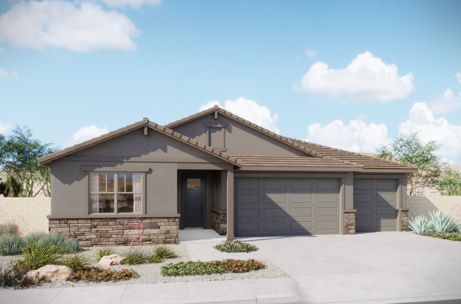 Front exterior of a new home in Tavira at Twin Peaks, Marana, AZ, highlighting curb appeal (Image 1).