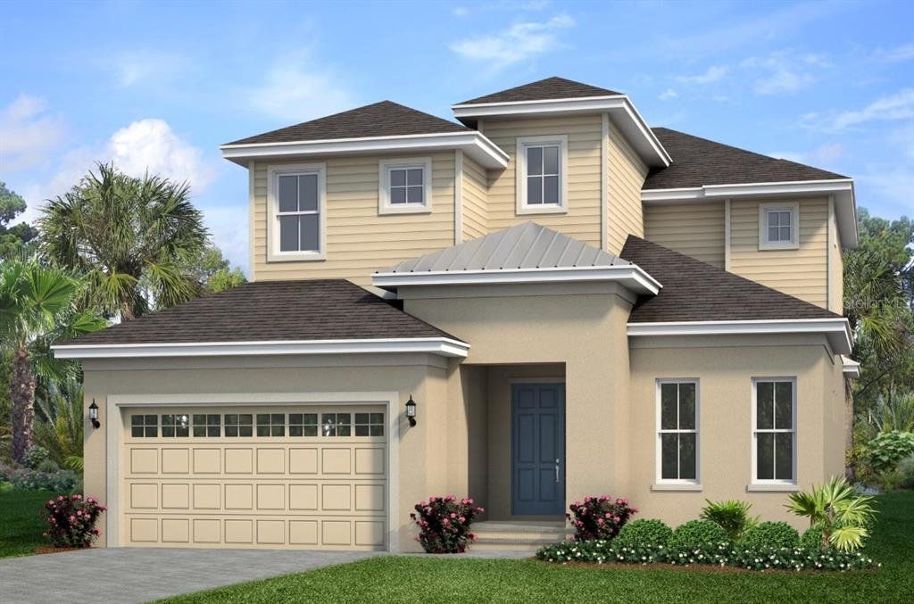 Front exterior of a new home in Marisol Pointe at MiraBay Florida Series, Apollo Beach, FL, highlighting curb appeal (Image 1).