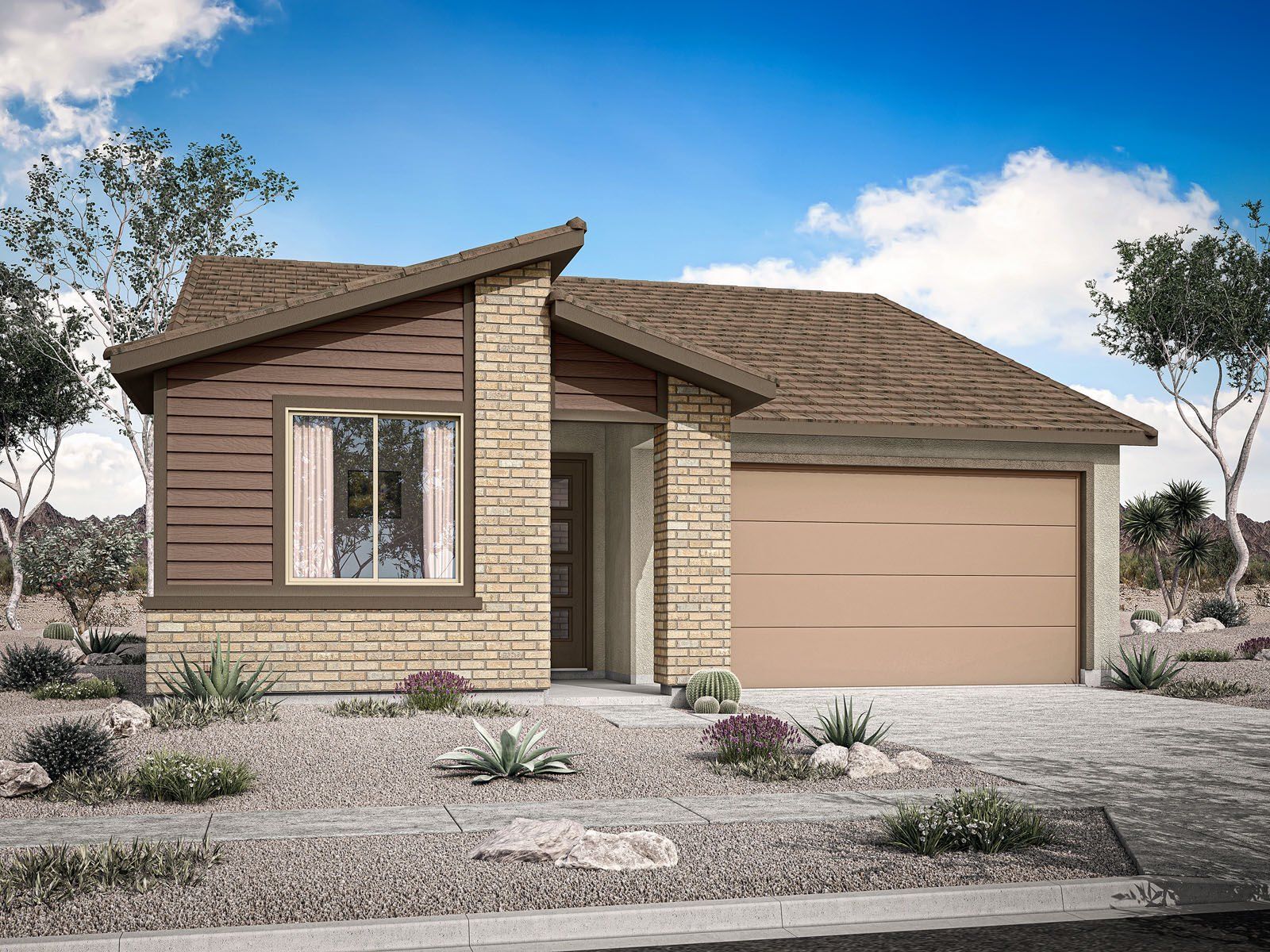 Front exterior of a new home in Rosewood Heights, San Tan Valley, AZ, highlighting curb appeal (Image 1). Front exterior of a new home in Rosewood Heights, San Tan Valley, AZ, highlighting curb appeal (Image 1).
