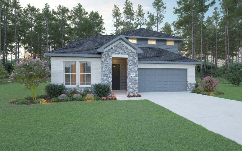Front exterior of a new home in Roman Forest, New Caney, TX, highlighting curb appeal (Image 1). Front exterior of a new home in Roman Forest, New Caney, TX, highlighting curb appeal (Image 1).
