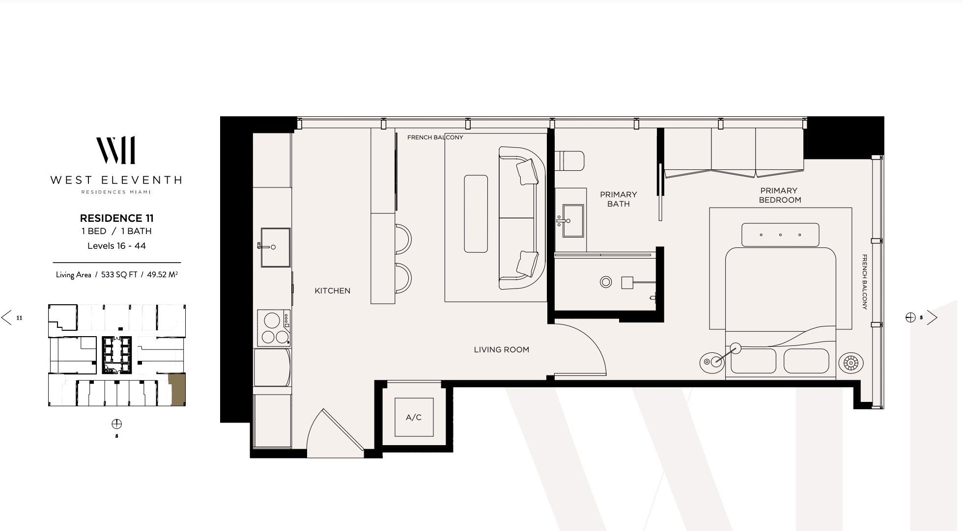 2D floor plan layout for the Residence 11 by Property Markets Group in West Eleventh Residences, Miami, FL (Image 1).