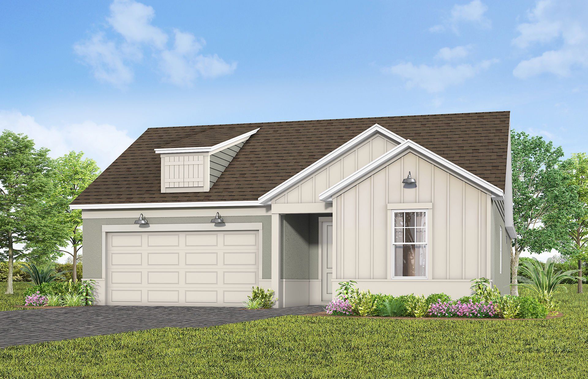 Front exterior of a new home in Del Webb Lakehaven, Clermont, FL, highlighting curb appeal (Image 1). Front exterior of a new home in Del Webb Lakehaven, Clermont, FL, highlighting curb appeal (Image 1).