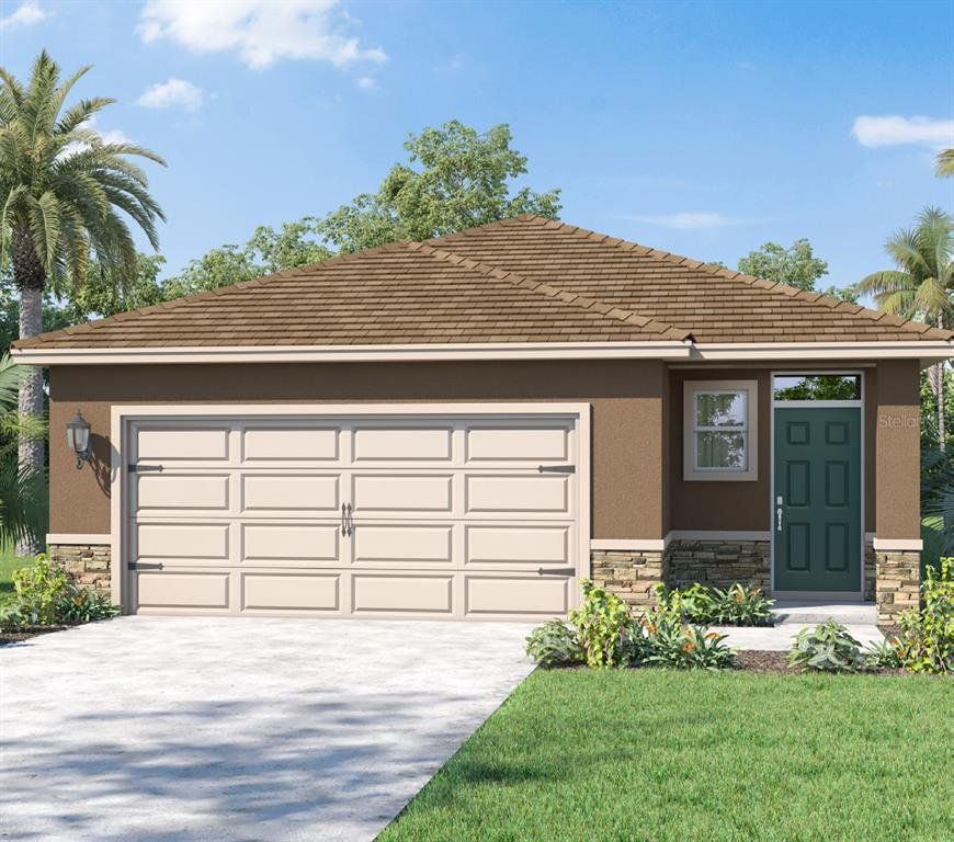 Front exterior of a new home in Hawthorne Ranch, Lakeland, FL, highlighting curb appeal (Image 1). Front exterior of a new home in Hawthorne Ranch, Lakeland, FL, highlighting curb appeal (Image 1).
