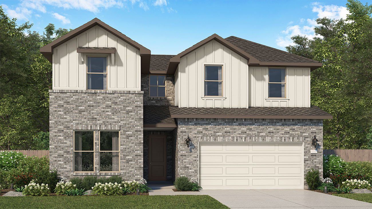 Front exterior of a new home in The Canopies, New Caney, TX, highlighting curb appeal (Image 1). Front exterior of a new home in The Canopies, New Caney, TX, highlighting curb appeal (Image 1).