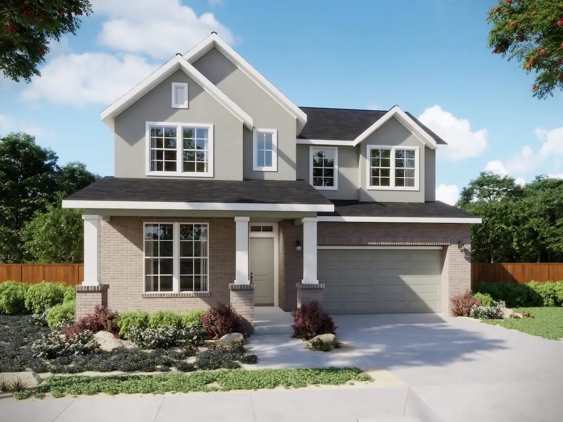 Front exterior of a new home in Persimmon, Buda, TX, highlighting curb appeal (Image 1).