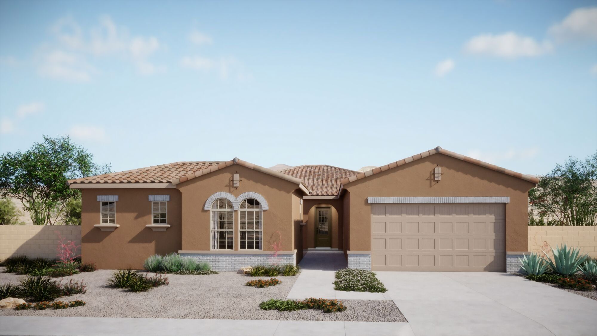 Front exterior of a new home in Mountain View Ranch, Vail, AZ, highlighting curb appeal (Image 1).