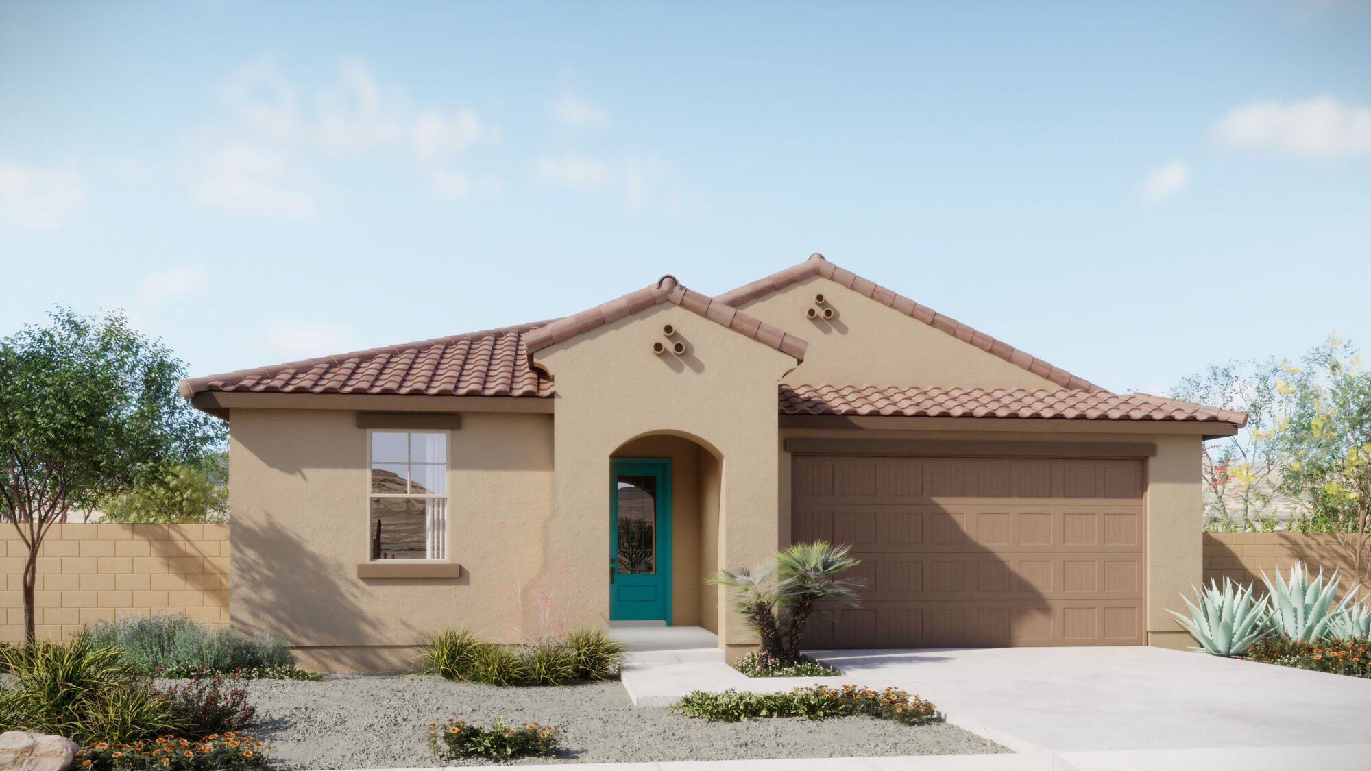 Front exterior of a new home in Covena Pointe, Tucson, AZ, highlighting curb appeal (Image 1). Front exterior of a new home in Covena Pointe, Tucson, AZ, highlighting curb appeal (Image 1).