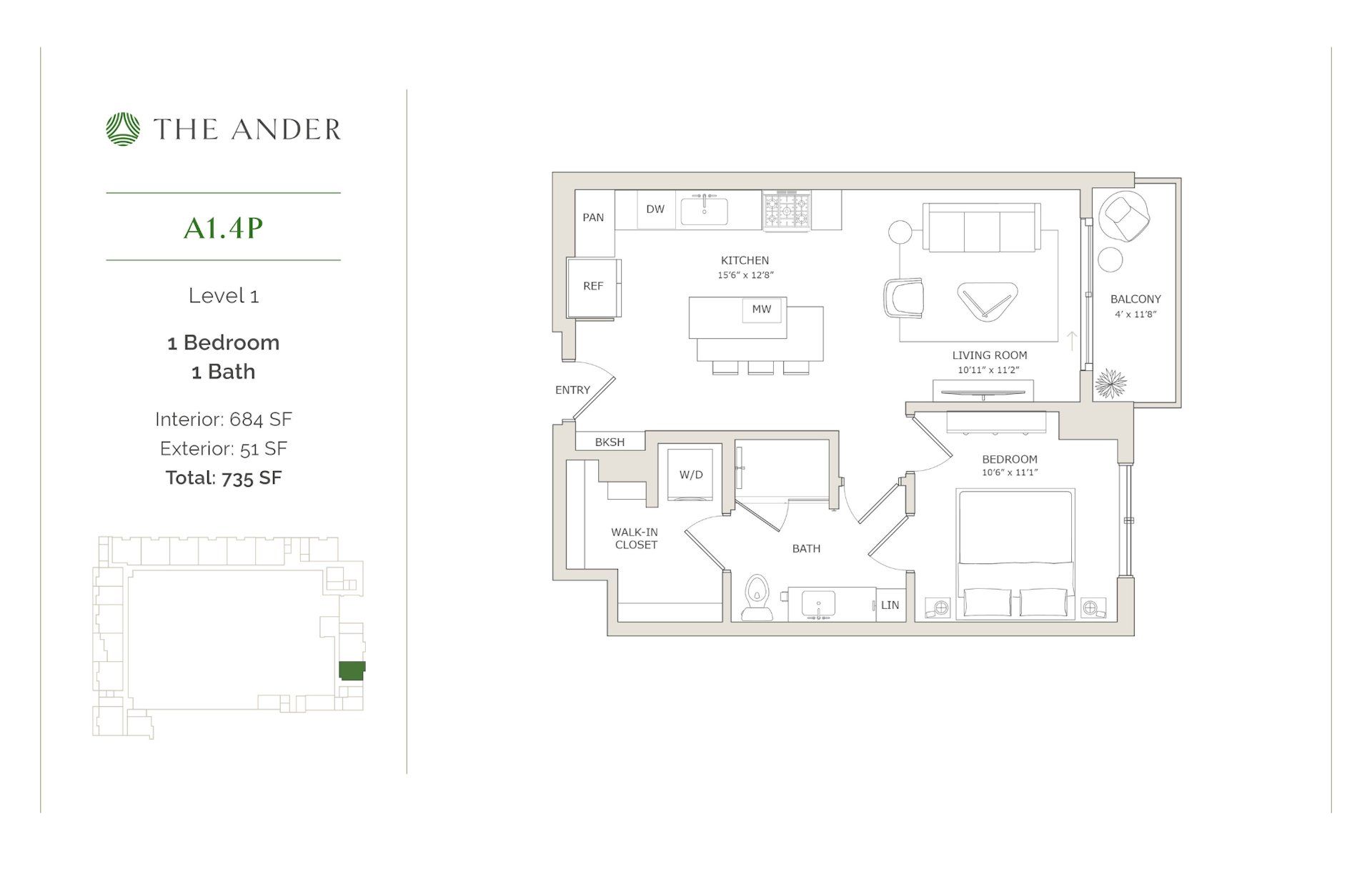 2D floor plan layout for the A1.4P by Ledgestone Development Group in The Ander, Austin, TX (Image 1).