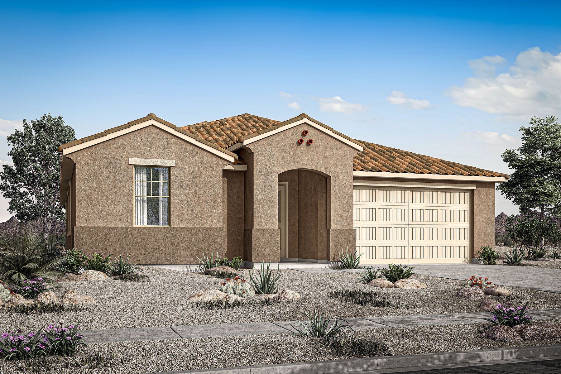 Front exterior of a new home in Miravida, Surprise, AZ, highlighting curb appeal (Image 1). Front exterior of a new home in Miravida, Surprise, AZ, highlighting curb appeal (Image 1).